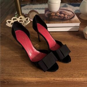 Kate Spade Black Patent Gina Peep Toe Heels with Grosgrain Bow